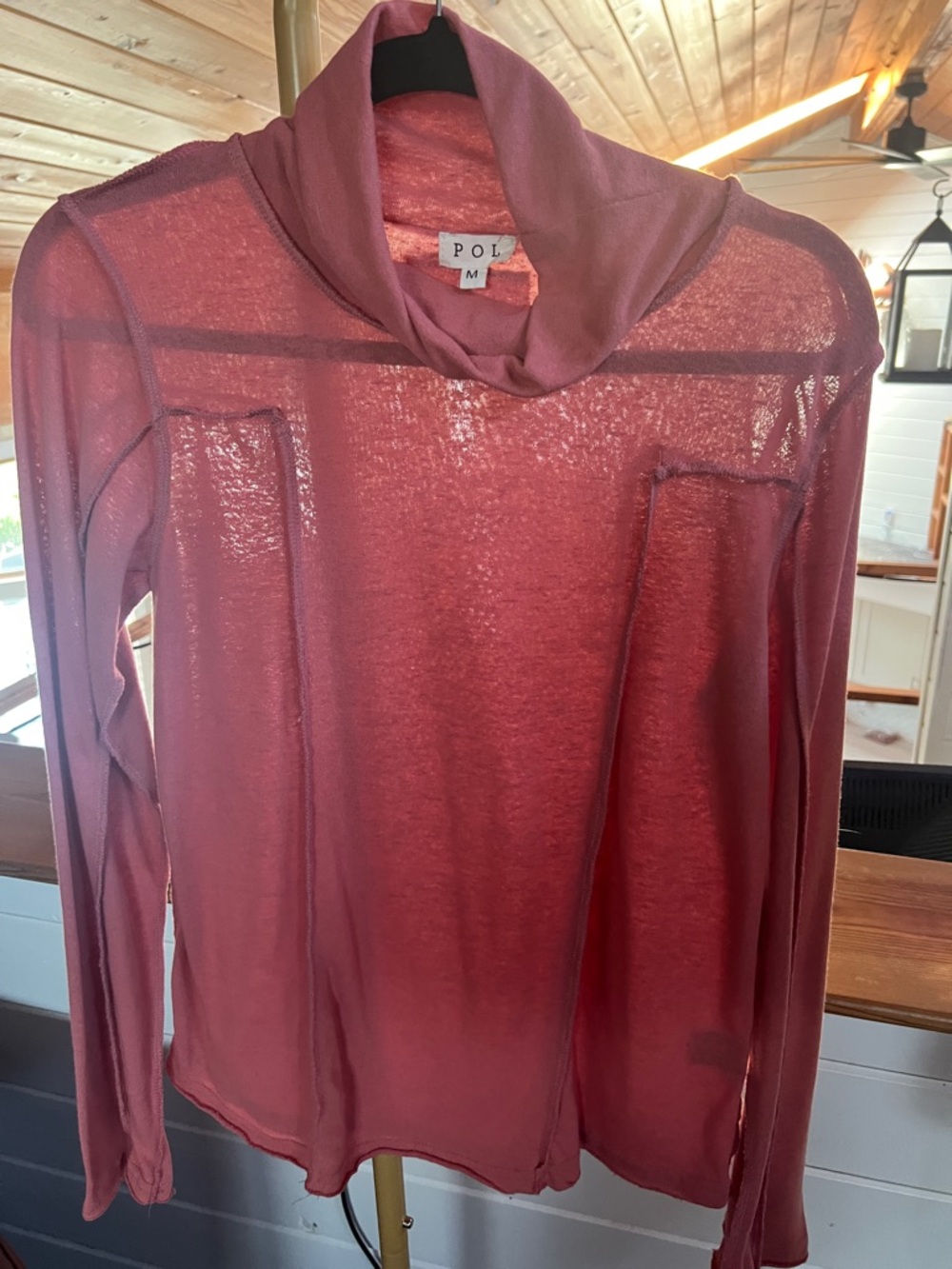 POL cowl neck burn out long sleeve top - rose pink/coral